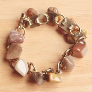 Brown Beige Tumbled Irregular Stone Jasper Gold Tone Bracelet Bangle Bohemian